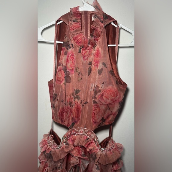 Mac Duggal Barbie Pink Floral Ruffled Cutout Dainty Halter Mini Dress Size 6 - Picture 10 of 16